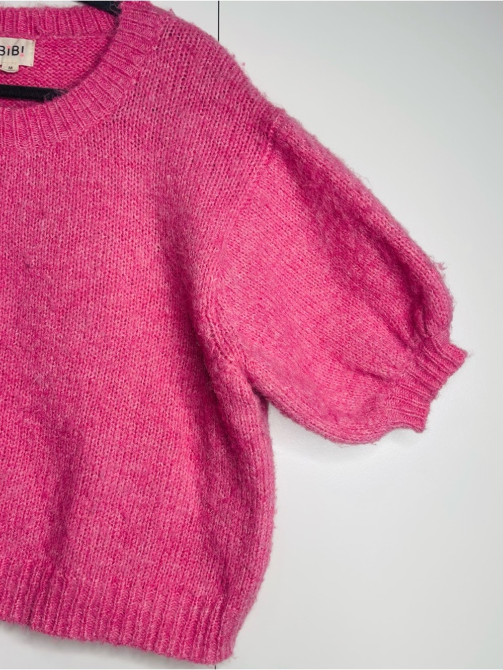 BiBi Fuzzy Puff-Sleeve Cropped Sweater in Hot Pink - Picture 7 of 11